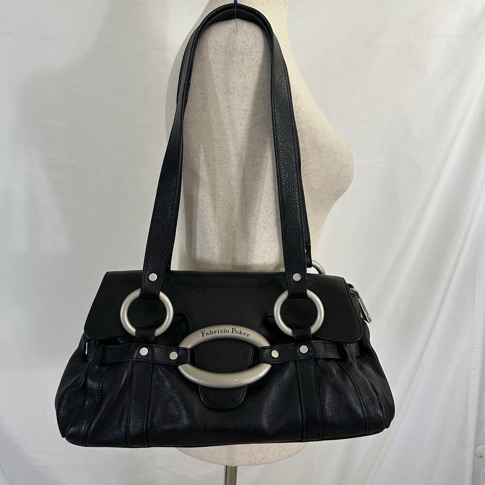 Fabrizio Poker Black Y2K Soft Leather Purse Shoulder Bag Made In Italy